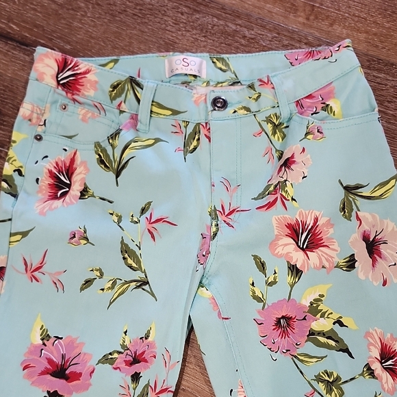 EUC OSO Tripical Floral Print Turquoise Pink Cropped Capri Jeans Resort Floral 6 - Picture 3 of 9